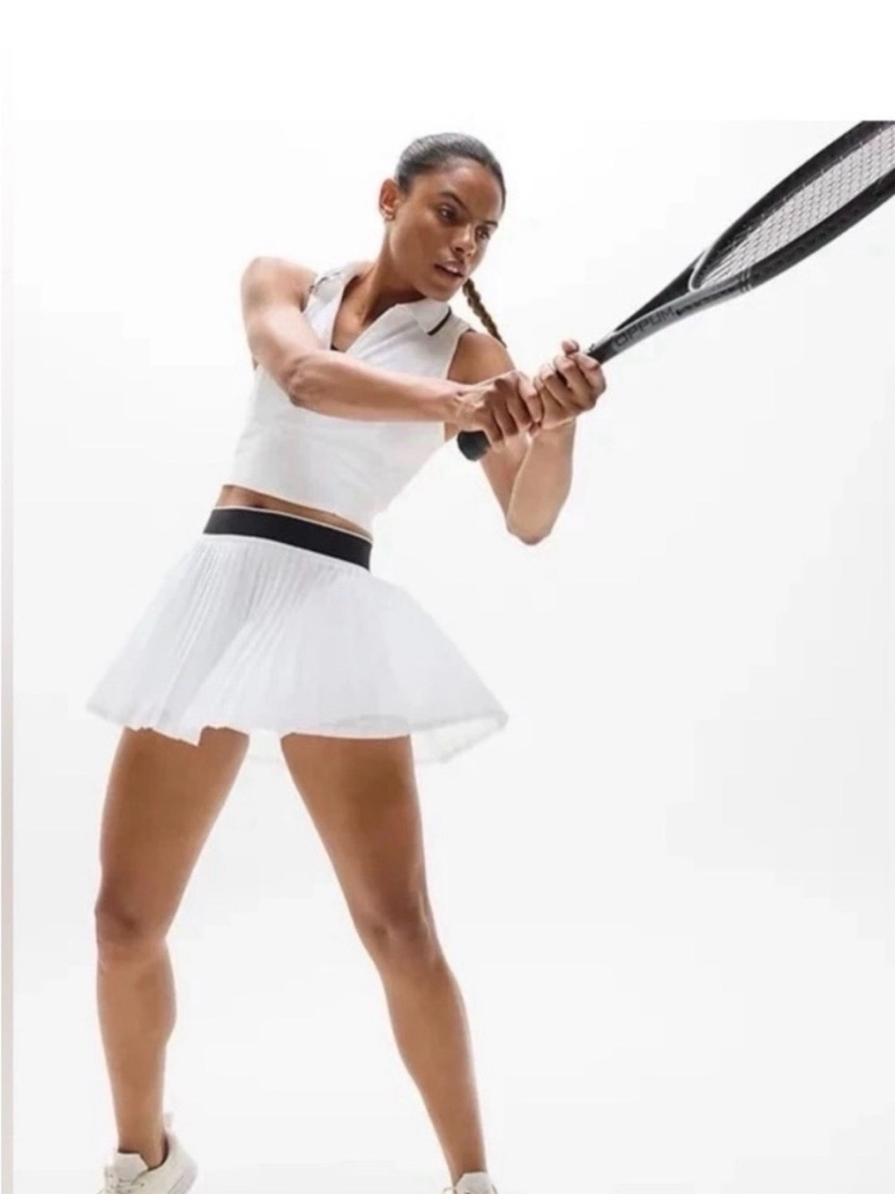Athleta White Pleated Skater Tennis Skirt with Black Waistband